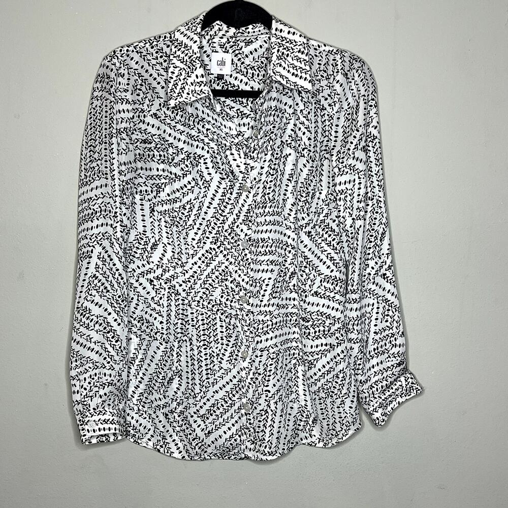 Cabi‎ White & Black Geometric Split Back Long Sleeve Button-Down Shirt Size XS